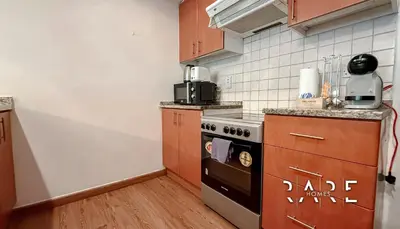 a small kitchen with a stove and a sink at Rare Holiday Homes - Near Metro Station - Greens - Al Arta - R215 in Dubai