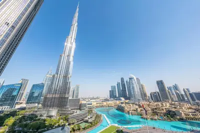 a view of the skyscrapers of a city at Luxury Stay with Burj views in Dubai