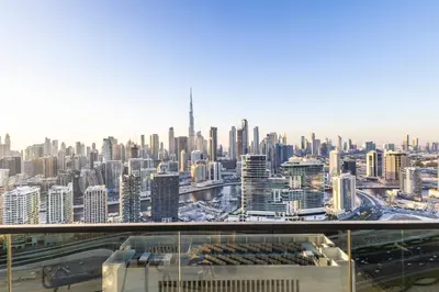 a view of a city from the top of a skyscraper at Luxurious Apt 2BR Stunning Full Burj Khalifa view in Dubai
