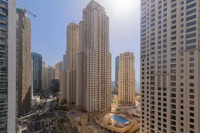 an aerial view of a city with tall buildings at Beautiful Marina Views 1 Bed in Dubai