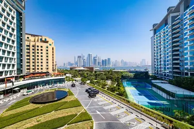 an aerial view of a city with tall buildings at Sea-View Studio at Seven Palm in Dubai