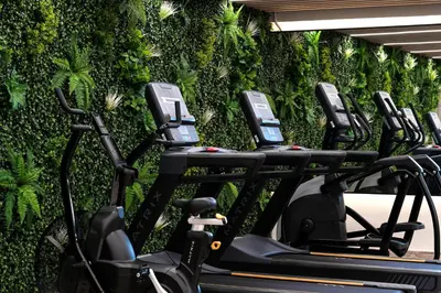 a row of exercise bikes in front of a green wall at Luxury 3BR Full Burj Khalifa View Stay by World's Tallest Tower in Dubai