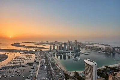 an aerial view of a city with a harbor at Zen Den - Vintage Charm with full Sea View in Dubai