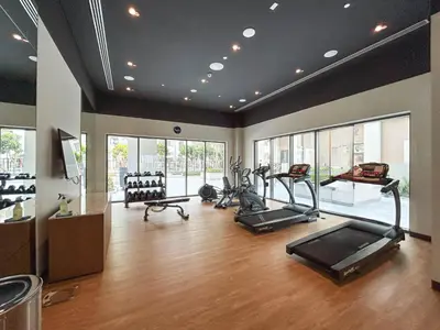 a gym with treadmills and ellipticals in a room at Premium Home in Creek Beach with Lagoon Access in Dubai