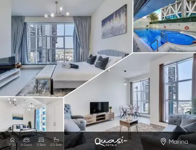 a collage of photos of a living room with a pool at Chic Marina Arcade Apartment Minutes to Beach in Dubai