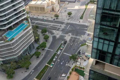an aerial view of a street in a city at Nice 2 Bedroom Apartment! 5 Minutes walk to Dubai Mall, Downtown Dubai in Dubai