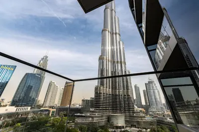 a view of the burj khalifa from the window of a building at Address Residences, Dubai Opera 1, Downtown - Mint Stay in Dubai