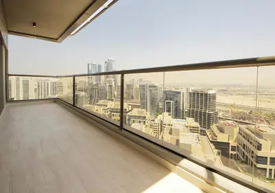 an empty room with a view of a city at 2BR Chic Elite Suite in Downtown near Dubai Mall in Dubai