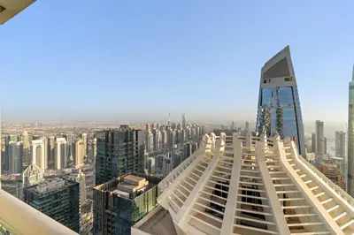 a view of a city from the top of a building at Luxury 2BR with City Skyline Views Steps to JBR Beach & Marina Mall in Dubai