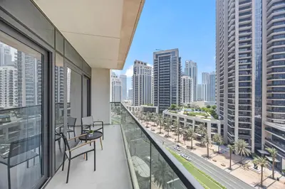 a balcony with a view of a city at Act tower-1BR near Burj Khalifa in Dubai