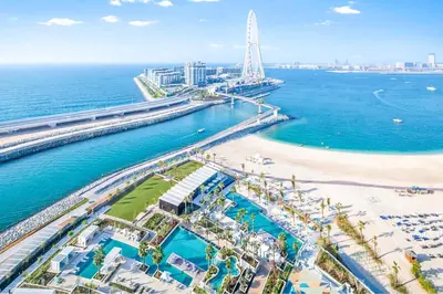 an aerial view of a beach and the ocean at Address JBR, 57th Floor Luxury Marina Beach View in Dubai