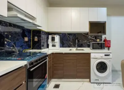 a kitchen with a washing machine and a washer at Huge luxurious 1 bedroom in Dubai