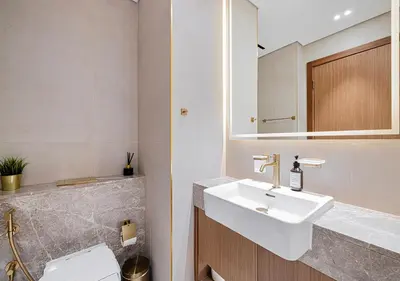 a bathroom with a sink and a mirror at Livin' Holidays - Studio - Canal view with jacuzzi in Dubai