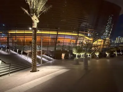 a palm tree in front of a building at night at Stunning Burj Khalifa & Fountain Views in Dubai