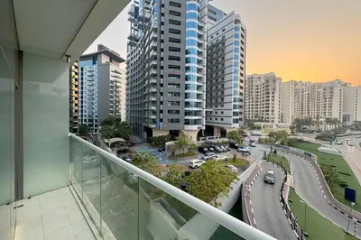 a view of a city with tall buildings at Elegant Beachside Studio in Prime Palm Location in Dubai