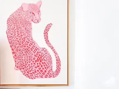 a painting of a cheetah in red and white at Luxury & City Views Studio in Azizi Riviera in Dubai