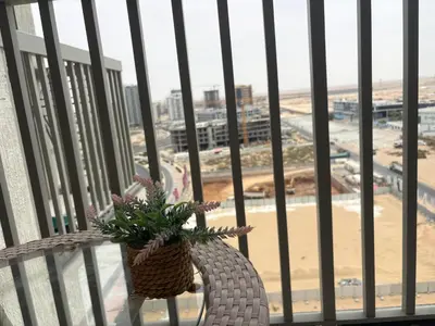 a chair with a potted plant on a balcony overlooking the beach at Dubailand in Dubai