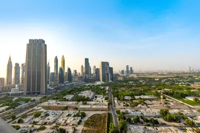 an aerial view of a city with tall buildings at Downtown Views II 2 Bedroom Apartment Next to Dubai Mall in Dubai