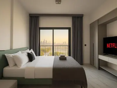 a bedroom with a bed with a view of the city at Modern Studio in Meydan - Minutes from Dubai Mall in Dubai