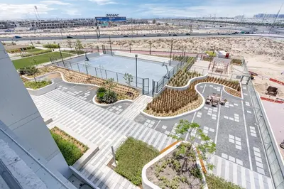 an aerial view of a basketball court at a beach at Contemporary 1BR Home in Damac Hills in Dubai