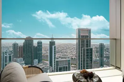 a view of a city from the top of a building at Luxury 2BR Sea View Walk to Burj & Dubai Mall in Dubai