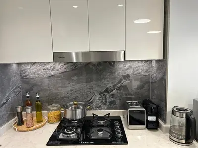a kitchen with a stove top oven and a microwave at Full Burj khalifa view 41 Floor in Dubai