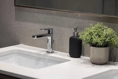 a bathroom sink with a faucet and a plant on it at Luxury 2BR Burj Fountain View Walk to Dubai Mall in Dubai