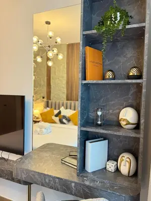 a book shelf in a living room with a television at Stylish 2BR - Burj Khalifa - Waterfront View - Fully Furnished in Dubai