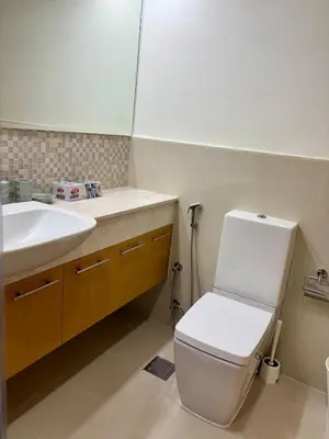 a bathroom with a white toilet and a sink at The Greendoor Downtown - Burj view in Dubai