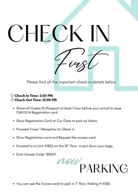 a flyer for a party with a check in text at Sky High luxury Stay in Dubai Marina ,with Marina View, High Floor, Modern Design, Pool Access by Stay Vista! Up to 6 Guests in Dubai