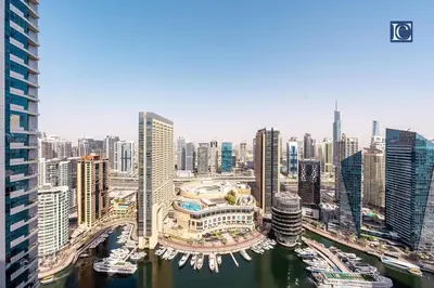 an aerial view of a city with many tall buildings at Luxury Escapes- Elegant Marina View Bay Central 3BR and Maids Room- single bed in Dubai