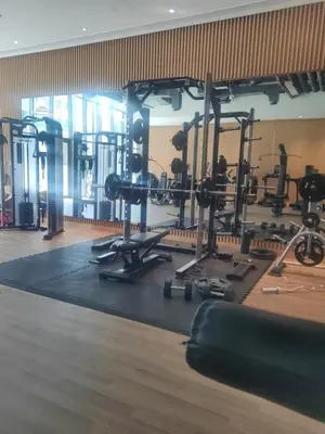 a gym with lots of equipment on a rug at Seven Palm Jumeirah Studio in Dubai