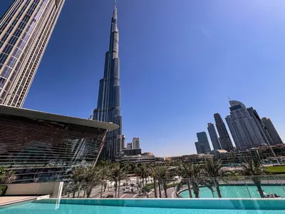 a view of the burj khalifa and the city at GRANDE SIGNATURE with a direct Burj Khalifa view and Private Fountain Show at high floor with DXB AIRPORT VIP Shuttle option for 8 guests in Dubai