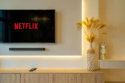 a vase with a plant in front of a tv at Luxurious 4BR with Boulevard View - 10 min to Burj & Mall in Dubai