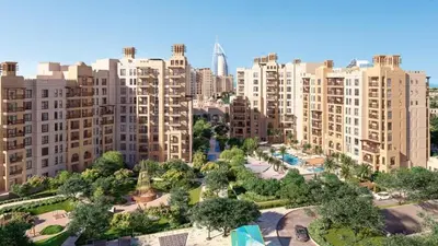 an aerial view of a city with tall buildings at HAVN - 1 Bedroom in Madinat Jumeirah Living in Dubai
