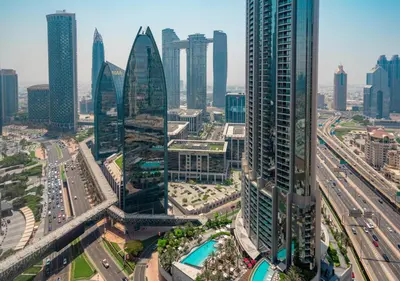 an aerial view of a city with tall buildings at Fashion Avenue Dubai Mall in Dubai