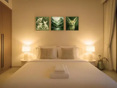 a bedroom with a white bed with three pictures on the wall at Cozy New Studio Heart of Al Furjan in Dubai