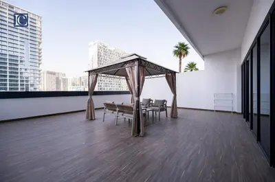 a gazebo on the roof of a building at Luxury Escapes Modern 1 Bed Apt City View Sol Bay Business Bay in Dubai