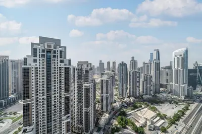 an aerial view of a city with tall buildings at Ultra-Luxury Midtown 2 Bed Full Burj Khalifa Views in Dubai