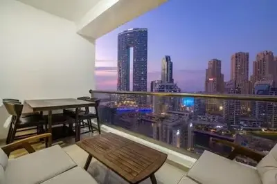 a balcony with a view of a city skyline at Luxury 2 BHK in Dubai Marina By dPie DEC 1907 in Dubai
