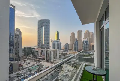 a room with a view of a city skyline at Lux 3BHK in Dubai Marina with Marina View DEC 1306 in Dubai