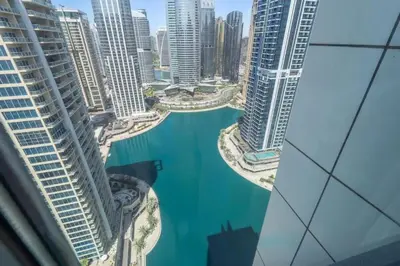 an aerial view of a city with tall buildings at Luxury 2BHK in Jumeirah Late Towers JLT 2609 in Dubai