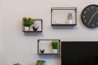 a clock and three plants on a wall at Bright 2BR Sports City Near Miracle GardenParks in Dubai