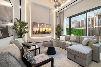 a living room with couches and a table at Elegant 4BR Villa, Luxury Pool Retreat, Joy, Arabiana Ranches 3 in Sabkhah