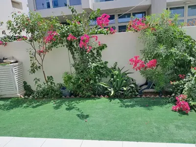 a garden with pink flowers and a fence at Damac hills 2 vardon cluster townhouse in Dubai