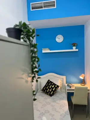 a bedroom with a blue wall and a bed with a desk at Solo Cabin Room in Tecom Barsha Heights in Dubai