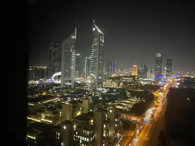 a view of a city at night with at DAYF-SKG04 Modern Spacious 1 Bed Full DIFC Views in Dubai