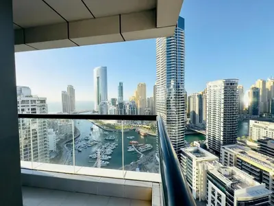 a view of a city skyline from a building at Upgraded High Rise 2 Br Full Marina Canal View in Dubai