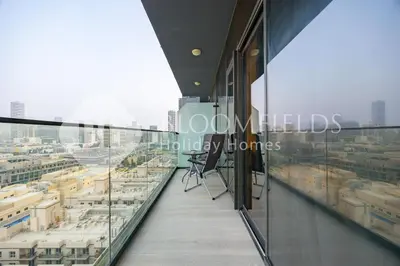 a balcony in a building with a view of a city at Bloomfields Spacious 1br Bloom Tower in Dubai