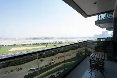 a view of an airport from a building at Cityscape Retreat Nobles 2BR Nobles Edition in Dubai